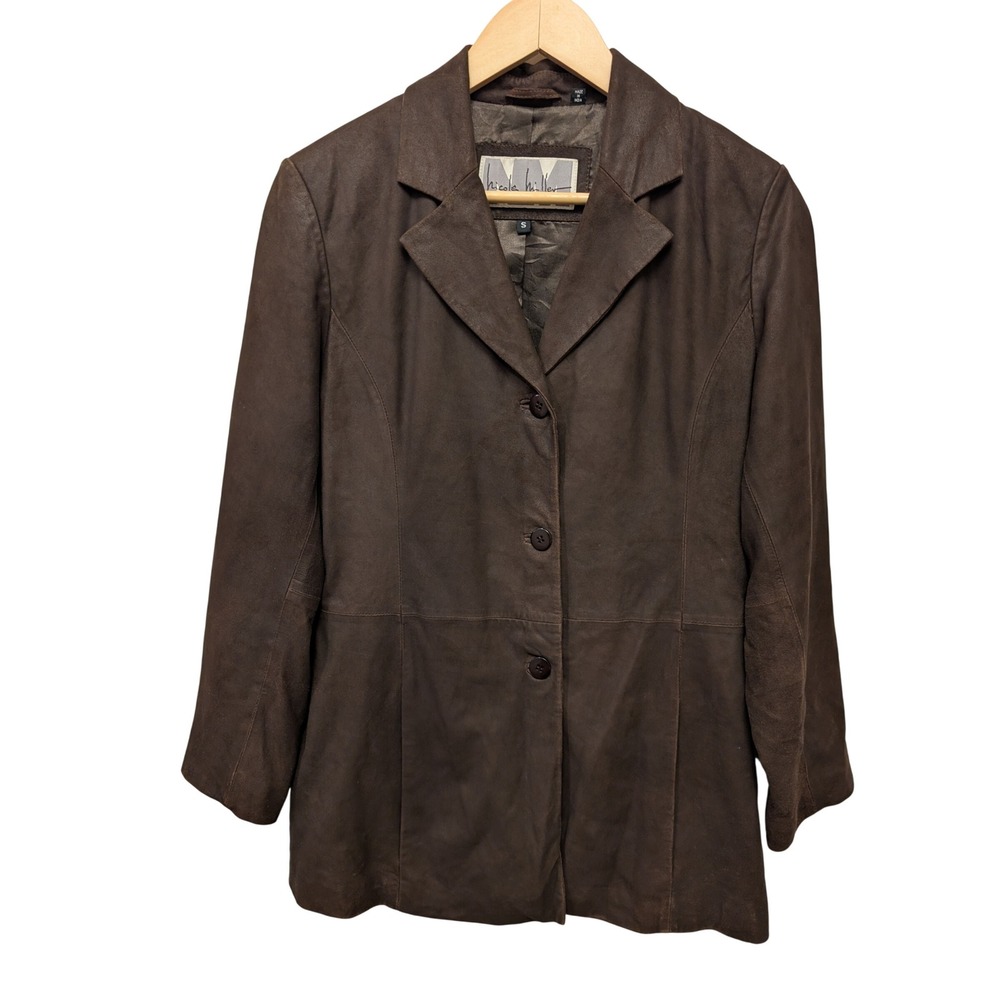 Nicole Miller Womens Brown Brushed Leather Blazer Jacket Sz S Fall Old Money Y2K